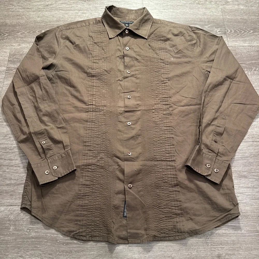 Banana Republic Shirt Mens L Brown Cotton Pintuck Pleated Tuxedo Preppy Casual